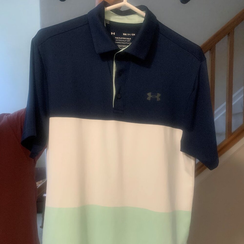 Mens small Under Armour Golf Shirt color block navy, green & white